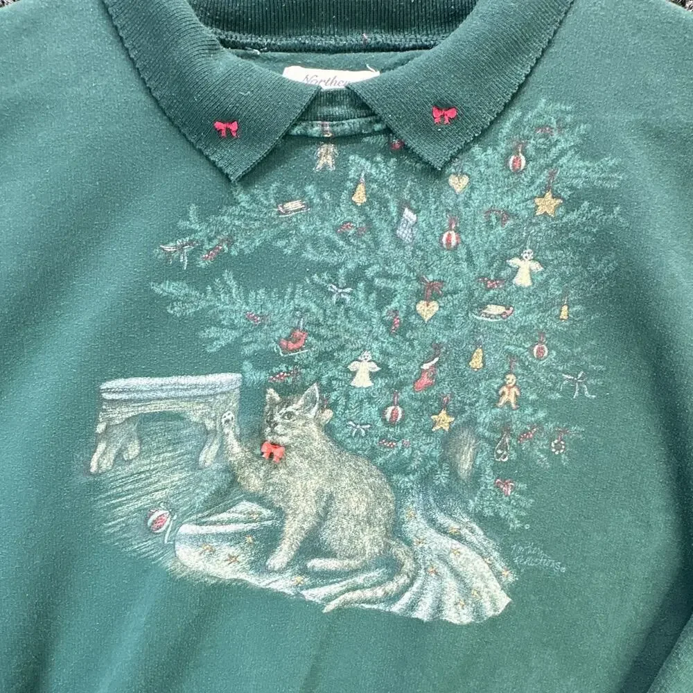 Vintage 90s Northern Reflections Christmas Cat Sweatshirt Womens XL Green Xmas